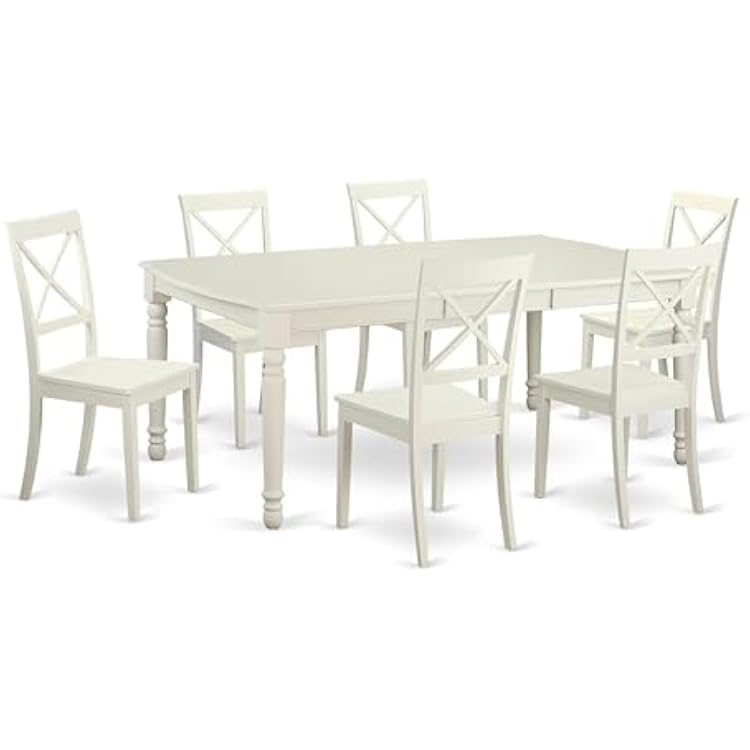 East West Furniture DOBO7-LWH-W 7 Piece Kitchen Table & Chairs Set Consist of a Rectangle Dining Room Table with Butterfly Leaf and 6 Solid Wood Seat Chairs, 42x78 Inch, Linen White