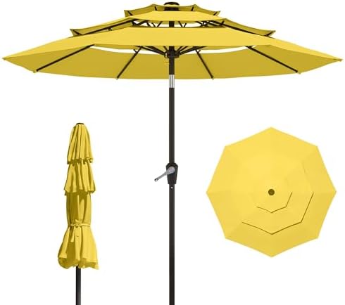 9FT 3 Tiers Patio Umbrella With Auto Tilt And Crank, Outdoor Table Market Umbrella with 8 Sturdy Ribs for Garden, Lawn, Deck, Backyard and Pool