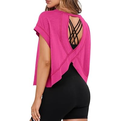 MIHOLL Women Workout Tops Oversized Cotton Crop Top Open Back Athletic Gym Shirts Backless Yoga Running