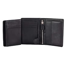 DiLoro Mens Wallets Italy Bifold Flip ID Leather Wallet Vertical Slots Coin and Zip Compartment Large Capacity RFID Blocking (Polished Nappa Black)