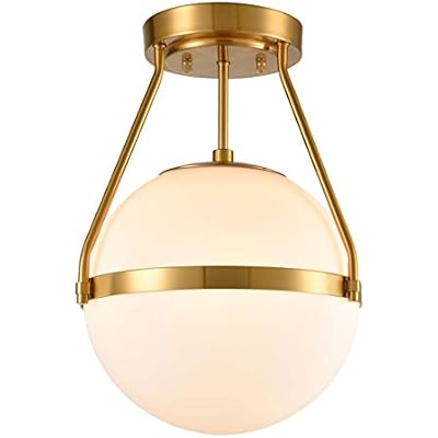 HOLKIRT Classic Mid Century Modern Globe Semi Flush Mount Ceiling Light Sputnik Chandeliers,White Frosted Glass Gold Finished for Living Room Dining Room Bedroom 3- Light