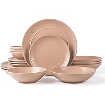 Arora RINGAR Round Stoneware 16pc Double Bowl Dinnerware Set for 4, Dinner Plates, Side Plates, Cereal Bowls, Pasta Bowls - Speckle Matte Coral (407490)