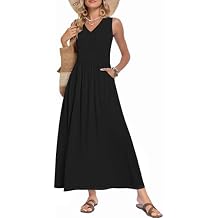 WNEEDU Women's Summer Maxi Dress 2026 Casual Sleeveless V Neck Flowy Elastic Waist Beach Vacation Sundress with Pockets