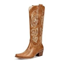 wetkiss Cowboy Boots for Women Cowgirl Boots with Floral Embroidered Pointed Toe Chunky Heel Side Zipper Retro Vintage Classic Tall Boots for Ladies