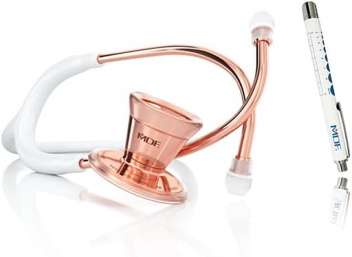 MDF Instruments ProCardial Cardiology Stethoscope, Stainless Steel, Adult, Dual Head, Rose Gold/White Tube + MDF LUMiNiX Medical Professional Penlight