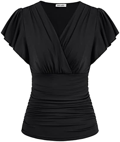 GRACE KARIN 2025 Womens Tops Summer Wrap Blouse V Neck Ruffle Sleeve Dressy Casual Top Ruched Trendy Clothes