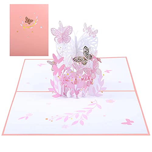 Pink Butterfly Flower Basket Pop Up Card, 3D Pop Up Greeting Card, Mothers Day Card Spring Card for Friends Sister Wife Daughter Girlfriend Birthday Card with EnvelopePink
