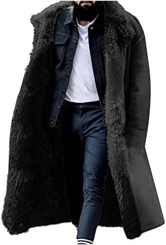 Mens Faux Fur Shearling Long Coat Winter Thickened Trench Coat Warm Fleece Jacket Sherpa Lined Cardigan Overcoat