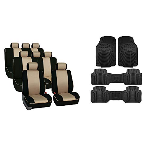 TLH Edgy Piping Style Beige Car Seat Covers 3 Row 8 Seater Automotive Seat Cover, Airbag Compatible Split Bench Interior Accessories 3 Row Durable Trimmable Vinyl Floor Mats
