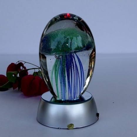 Hand blown glass - Jellyfish Paperweight , Glow in the Dark Glass with Multi-color Light Base ( (BLUE & GREEN)