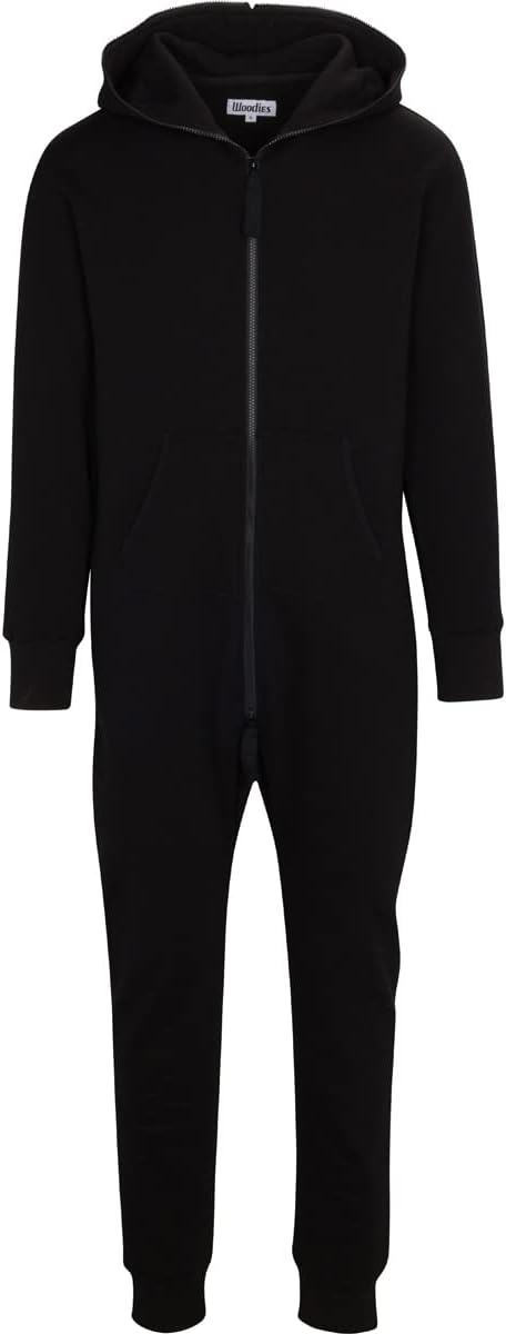 Woodies Black Onesie for Adults, Lounge Style Non-Footed Onesie Pajamas with Hoodie for Women and Men, Unisex Half Zipper PJs