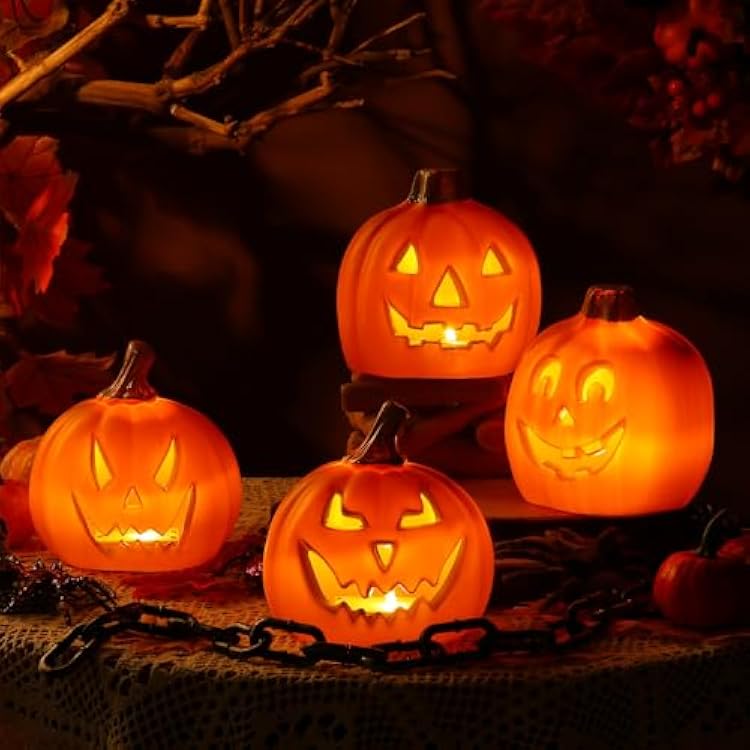 Pinkunn 4 Pcs Light up Mini Jack O Lantern Halloween Pumpkin Lantern 5.25 Inch Pumpkins for Decorating Pumpkin Props with LED Lights for Desk Table Decor Garden Indoor Outdoor Decorations Scary Face