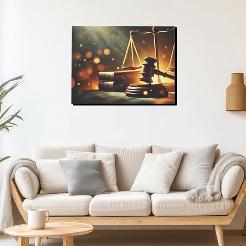 Framed Canvas Wall Art Legal Theme Judge Gavel and Scales Justice Law Office Decor Lawyer Gift Wooden Hammer and Books Modern Courtroom Artwork