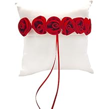 Abbie Home Wedding Ring Pillow, Red Rose Decorated Pillow for Romantic Wedding Party Favor