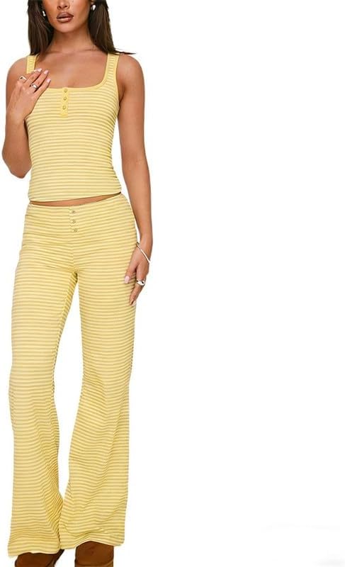 ROAONOCOMO Women 2 Piece Lounge Set Spaghetti Strap Crop Camisole Striped Wide Leg Pajama Pants Sleepwear