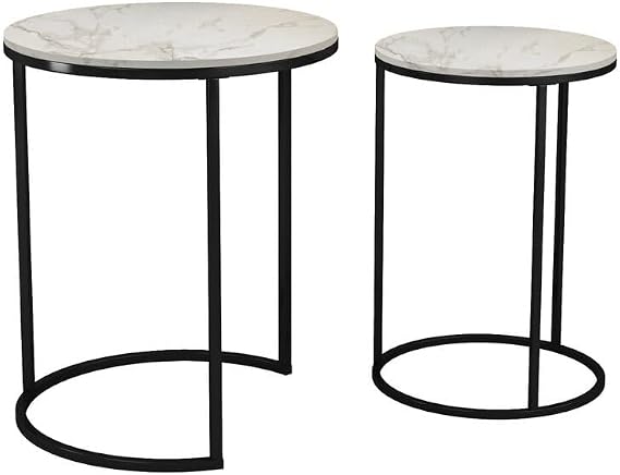 URBNLIVING 2 Pcs Round Nesting Stacking Sofa Side Bedside End Tables Set White Marble Wooden Top with Black Metal Leg Modern Space Saving Accent Coffee Tea for Living Room Bedroom Office