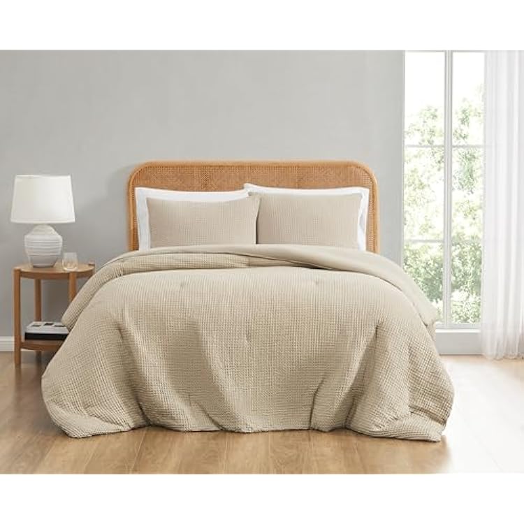 TRULY SOFT Textured Waffle Beige Polyester 3-Piece King Comforter Set, Solid Themed, for Men and Women, Oeko-TEX Certified Confidence