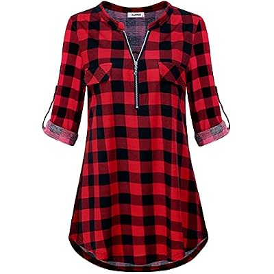 Womens Zip Up V Neck 34 Rolled Sleeve Casual Tunic Shirt