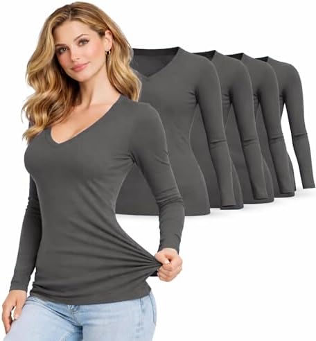 M&M SCRUBS Womens V-Neck Long Sleeve Underscrub T-Shirt 5 Pack Soft Stretch Cotton Blend Under Scrubs Tee