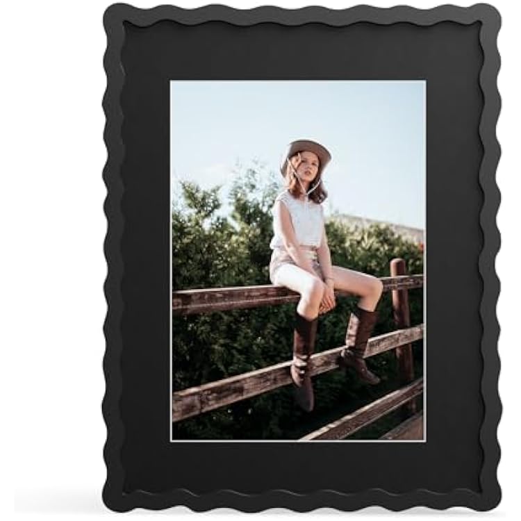 11x14 Picture Frame with Mat for 8x10, Wavy Edge Wooden Real Glass Photo Frame for Wall Hanging, Black, 1 Pack