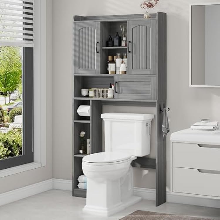 Vabches Farmhouse Over The Toilet Storage Cabinet with 2 Barn Doors & Sliding Door, Over The Toilet Bathroom Organizer with Open Storage Layer and Adjustable Shelves & Hooks.Grey