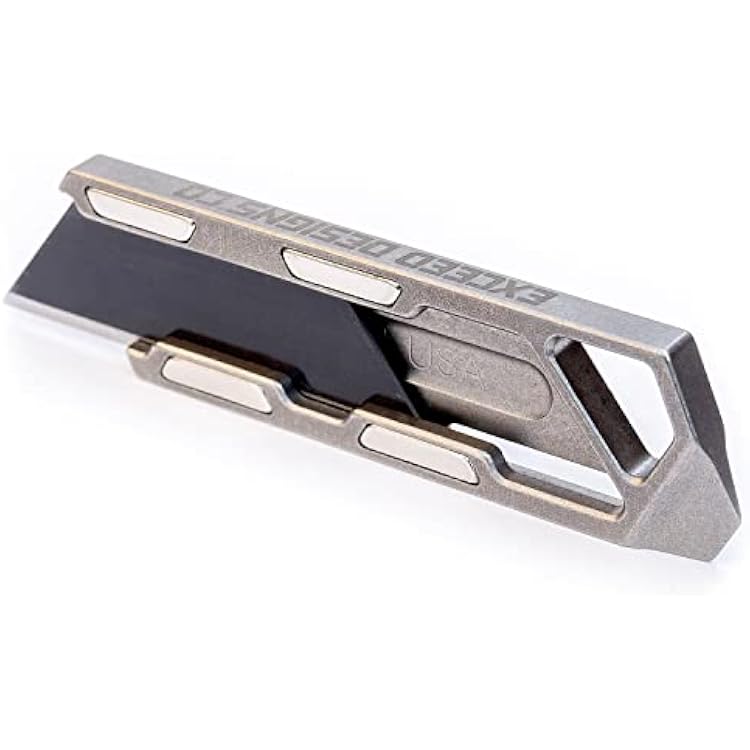 Exceed Designs TIRANT RAZOR-M 3.0 Magnetic Slide Stonewashed 6Al-4V Titanium Utility Knife & Pry Bar, EDC Knife, Box Cutter, MADE IN USA Silver MagnetsNO Clip