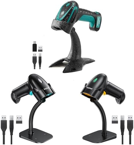 1D 2D Barcode Scanner with Stand, Bluetooth and Wireless Inventory QR Code Scanners for Computer POS, Handheld CMOS Image Bar Code Reader for Warehouse Library Supermarket,AT006+AT003WB