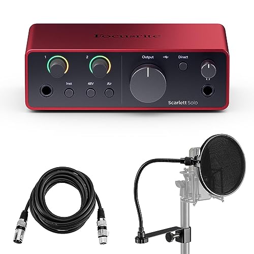 Scarlett Solo 4th Gen USB Audio Interface with Software Suite, Bundle with H&A 10 XLR Microphone Cable and Pop Filter, For PC & MAC, Great for Music Recording and Podcast 3 Items