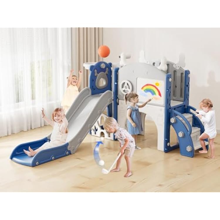 XJD Toddler Slide,12 in 1 Kids Slide for Toddlers 1-3, New Upgrade with Golf Set, Basketball Hoop, Drawing Board for Indoor Outdoor Playset,Toddler Playground Blue White