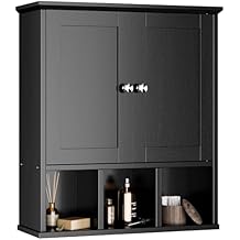 Bathroom Wall Cabinet, Bathroom Cabinet Wall Mount with 2 Doors and 3 Open Shelves, Over The Toilet Wood Medicine Cabinets for Laundry Room, Black