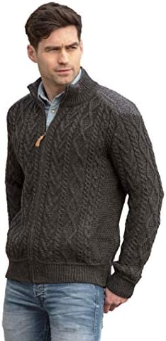 Aran Crafts Mens Cable Knit Shoulder Detail Zipped Cardigan 100% Merino Wool