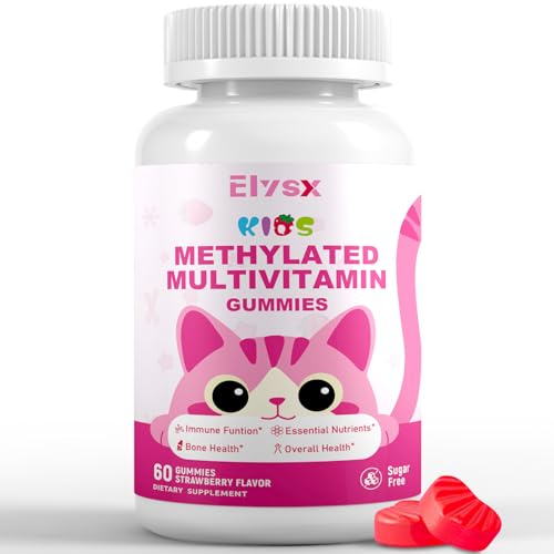 Kids Methylated Multivitamin Chewable Gummies, MTHFR Supplement with L Methylfolate, Magnesium, Biotin, Choline, Inositol, DHA, TMG & Coq 10, Immune & Brain Support, Strawberry Flavor, 60 Ct