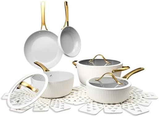 T&Tables 12-Piece Ceramic Nonstick Cookware Set, White & Gold, Aluminum Pots and Pans, Signature Series, Dishwasher Safe