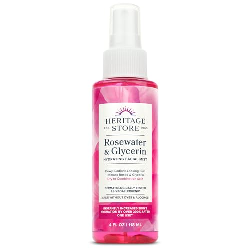 HERITAGE STORE Rosewater & Glycerin Hydrating Facial Mist - Dry Combination Skin Care - Rose Water Spray w Vegetable Glycerine, Made Without Dyes or Alcohol, Hypoallergenic, Vegan, Cruelty Free, 4oz
