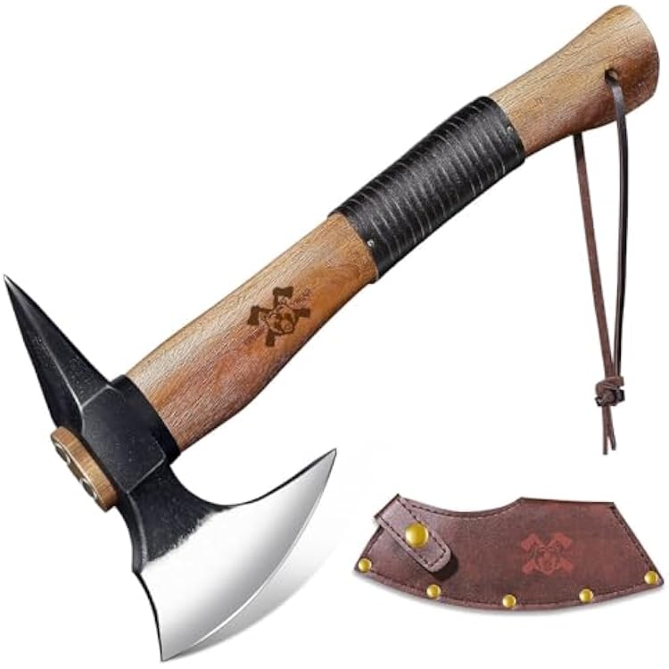 Grumpy Bear 15 Camping Hatchet, Survival Axe with Sheath, High Carbon Steel and Wood Handle, Anti-Slip Grip Ideal for Bushcraft, Wood Splitting & Outdoor Adventures