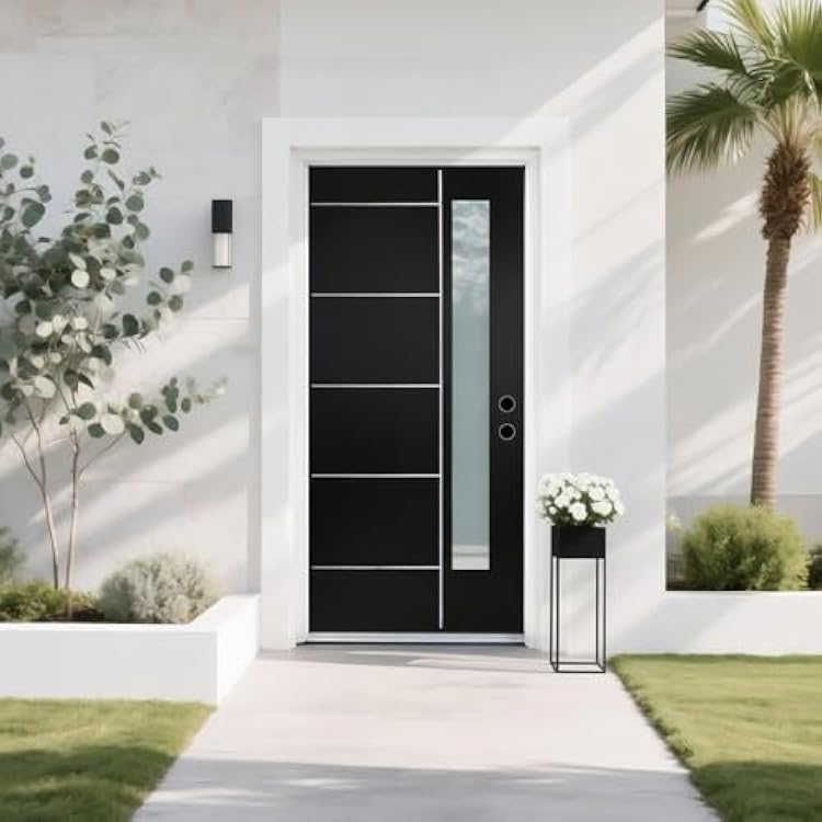 Fiberglass Front Door 36 x 80, Left-Hand Inswing, Brickmould & 4-916 White Vinyl Frame, Frosted Glass Black Woodgrain Brushed Surface, Knock-Down, Modern V-Groove Flush Panel Entry Door for Home