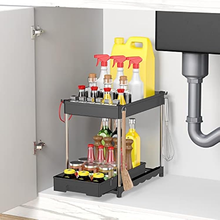 Under Sink Organizer and Storage, 2 Tier Under Sink Organizer with Sliding Pull Out Drawer