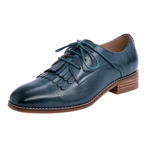 Mona flying Womens Tassel Oxfords Derby Comfortable Lace up Leather Flat Office Work Shoes for Ladies
