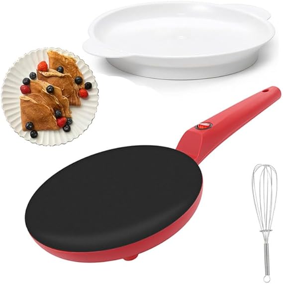 Electric Crepe Maker 8 Portable Crepe Aluminum Pan Nonstick,Compact Crepe Maker,with Dipping Plate,Handle,Egg Beater(Red)