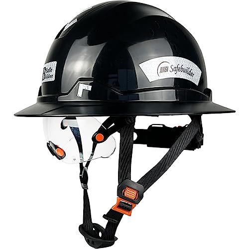 SAFEBUILDER G1 Construction Full Brim Hard Hat for Big Head HDPE Safety Helmet Vented Hardhats Sunshade Industrial Work Head Protection for Men ANSIISEA Z89.1 Black Hard Hat with Clear Visor
