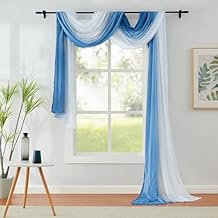 1 Piece Ombre Chiffon Sheer Window Scarf Valance Curtain 18ft for Living Room Bedroom Decor, 216 Inch Long Crinkle Soft Window Sheer Voile Valance for Holiday, Wedding Party Decor, Blue, 52"W