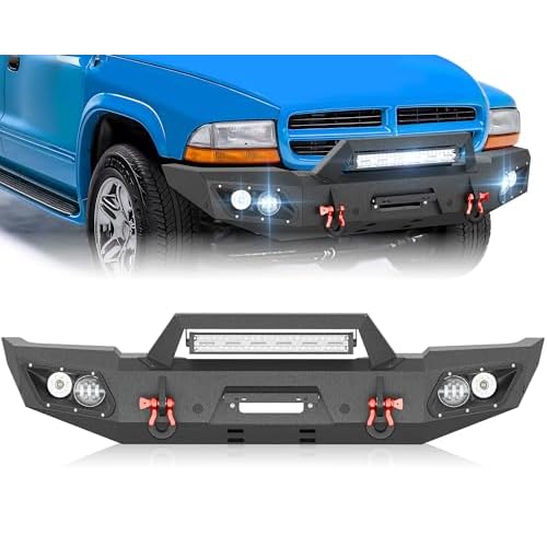 for Dakota & Durango Front Bumper Compatible with 1997 1998 1999 2000 2001 2002 2003 2004 Dodge Dakota & 1998-2003 Durango wLED Lights, Winch Plate, Sensor Holes, License Plate Frame & D-rings