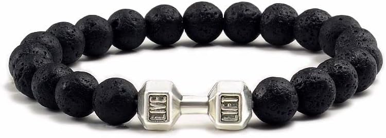 Handmade Black Dumbbell Bracelet Gym Bros Fitness Barbell Bracelet Natural Volcanic Lava Stone Adjustable Beads Bracelet Fitness Jewelry for Women