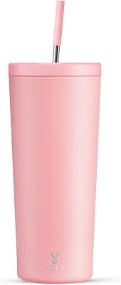 Meoky 24 oz Insulated Tumbler with Lid and Straw, Stainless Steel Vacuum Insulated Tumbler, Keeps Cold for 24 Hours, 100% Leak Proof, Fits in Car Cup Holder Blush