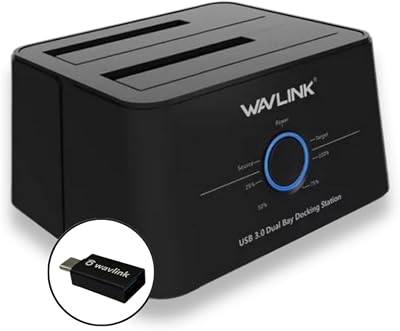 WAVLINK Dual Bay Hard Drive Docking Station, USB 3.0 to SATA Hard Drive Dock for 2.53.5 inch HDDSSD with Offline Clone Function, USB A to USB C Converter, Support UASP and 2x16TB with Power Adapter