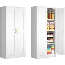 Polup Kitchen Pantry Cabinet, 60 Inch Tall Pantry Storage Cabinet with Doors and Adjustable Shelves, Metal Storage Cabinet with Golden Handles for Dining, Living Room, Assembly Required, White