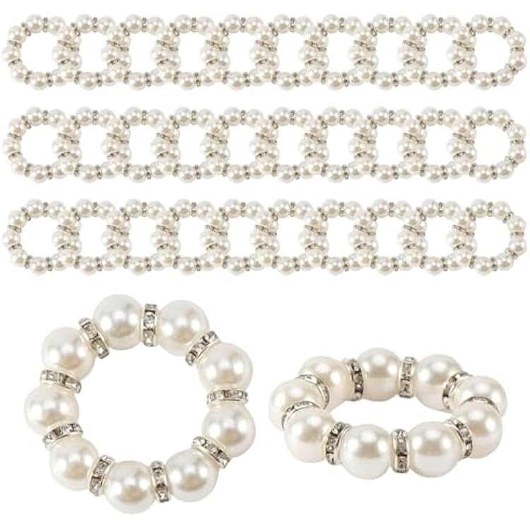 30pcs Pearl Napkin Rings Stretched Pearl Rhinestone Napkin Ring Holder with Elastic for Dinner Table, Wedding, Valentines Day, Banquet, Birthday, ThanksgivingWhite