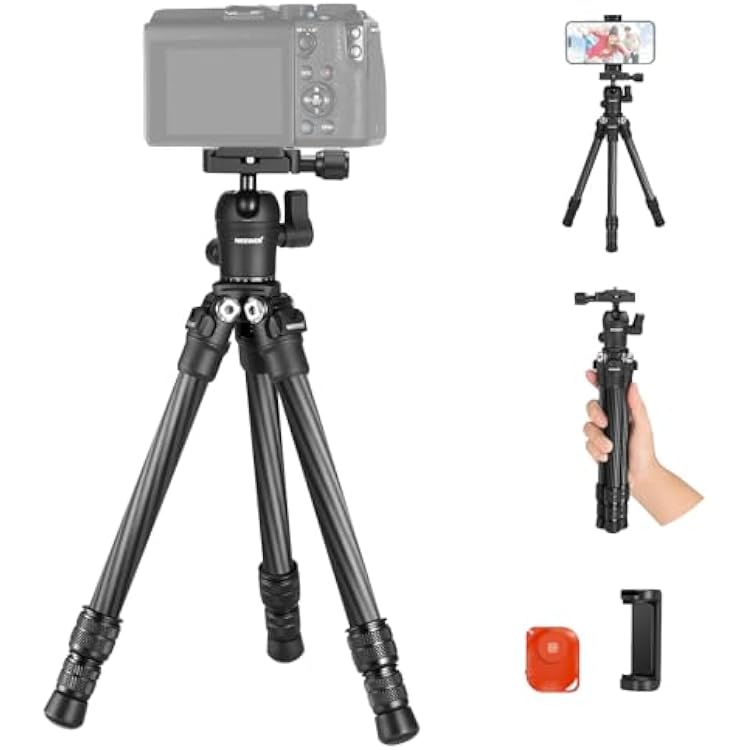 NEEWER TP09 Carbon Fiber Mini Tripod Compatible with iPhone, 20 Lightweight Compact Travel Desktop Tripod Stand with Ball Head, Phone Holder, Remote for Phone DSLR Camera Video Camcorder Webcam