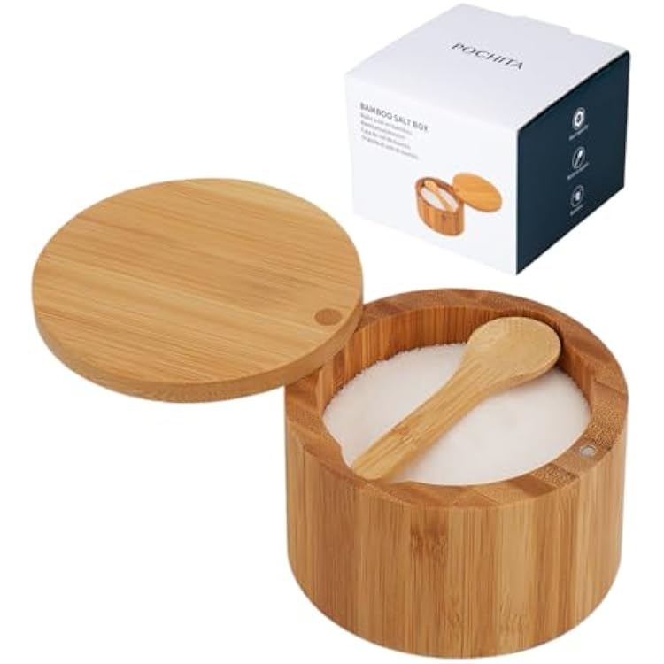 Bamboo Salt Cellar Bowl Box with Swivel Magnetic Lid to Avoid Dust, Elegant Kitchen Salt Container Holder with to Storage Pepper Spice Bath & Sea Salts, 6OZBuilt-in Spoon