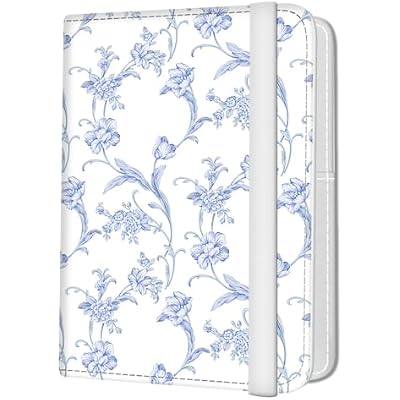 Passport Holder for Travel Essentials, Leather RFID Blocking Passport Wallet Cover Case, Cute Passport Book Holders for Women and Men Blue White Flowers